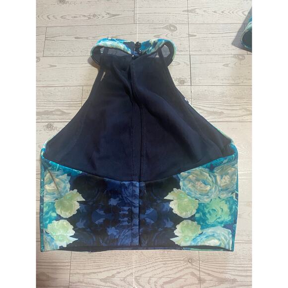 Teeze Me Floral 2pc Halter Top & High Low Skirt Set Blue Roses Formal Prom Dress - Picture 6 of 12